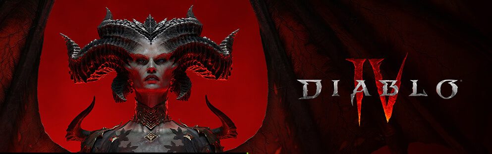 Diablo 4 News zum Game mit roter Farbe und einem Dämonen